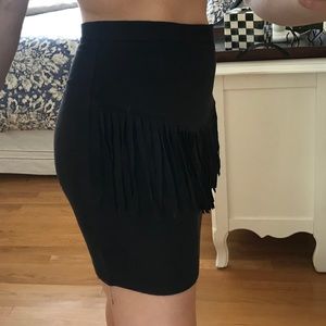 Black Suede Skirt with Front Fringe